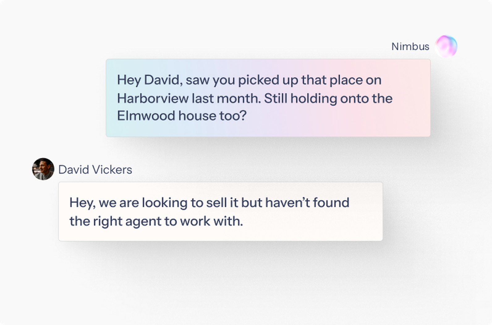 Text-message thread: Nimbus sends a personalized note and the contact replies that they're looking to sell.