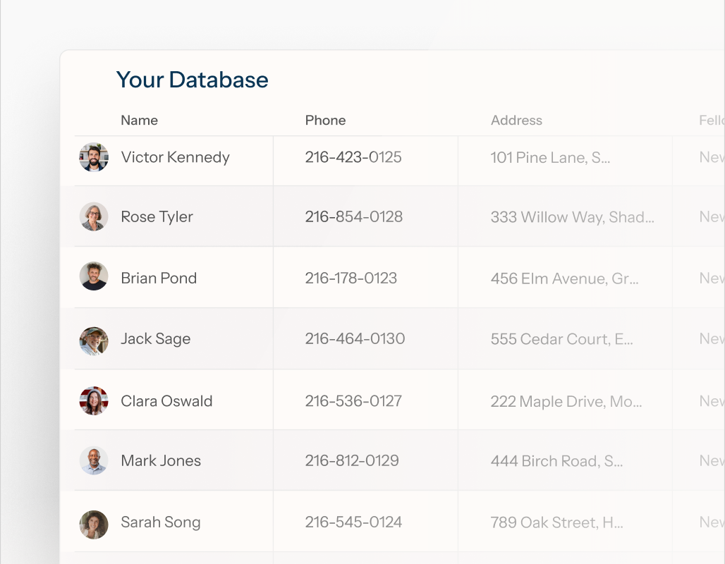Your Database — a table of contacts with phone, address and Nimbus signals
